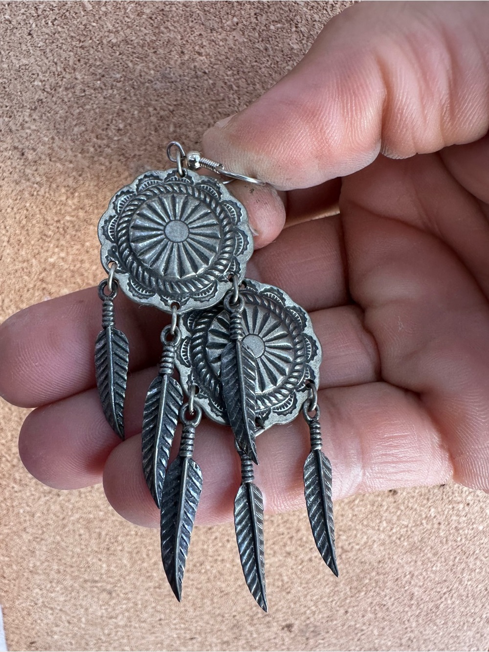 Silver-Tone Southwestern Concho Feather Dangle Earrings